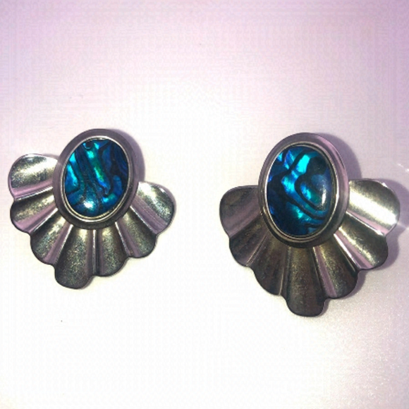 VTG Butler Art Deco Abalone Latch Back Earrings Pierced Ears 1.5” - Picture 1 of 6